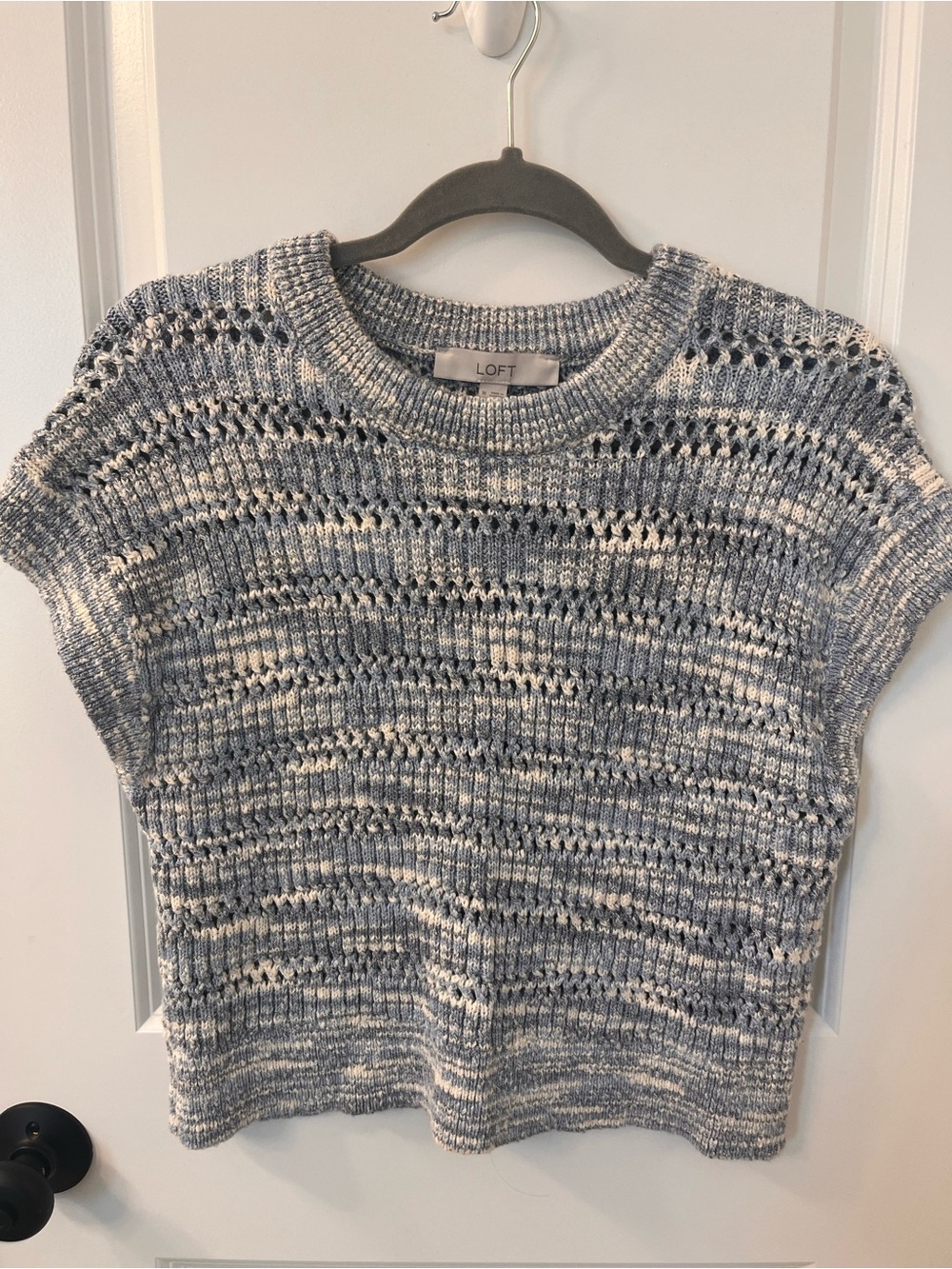 LOFT Blue and White Marled Open-Knit Short-Sleeve Sweater